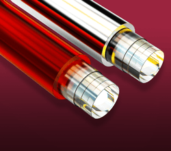 Close up of one red and one silver bare optical fiber